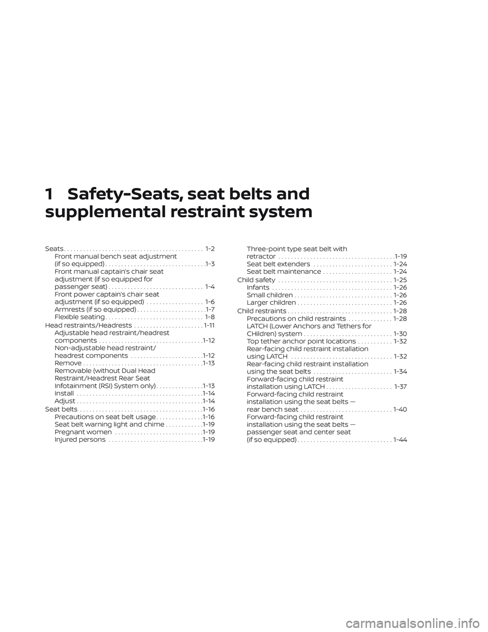 NISSAN TITAN 2022 Owners Manual 1 Safety-Seats, seat belts and
supplemental restraint system
Seats............................................ 1-2Front manual bench seat adjustment
(if so equipped) ................................1- NISSAN TITAN 2022 Owners Manual 1 Safety-Seats, seat belts and
supplemental restraint system
Seats............................................ 1-2Front manual bench seat adjustment
(if so equipped) ................................1-