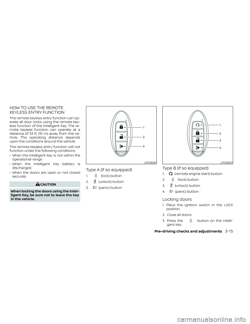 NISSAN TITAN 2022  Owners Manual HOW TO USE THE REMOTE
KEYLESS ENTRY FUNCTION
The remote keyless entry function can op-
erate all door locks using the remote key-
less function of the Intelligent Key. The re-
mote keyless function ca