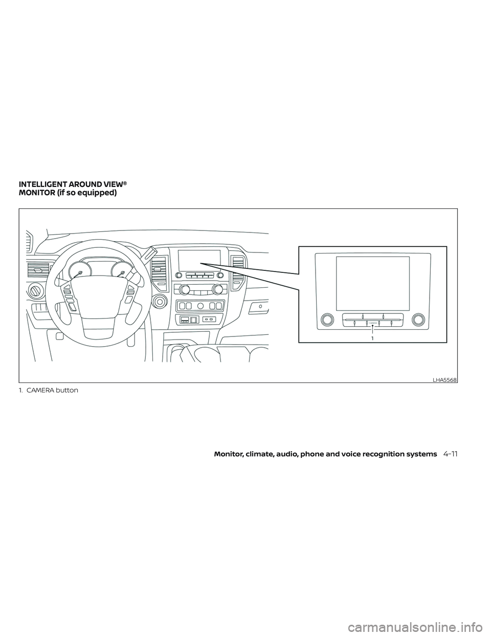 NISSAN TITAN 2022  Owners Manual 1. CAMERA button
LHA5568
INTELLIGENT AROUND VIEW®
MONITOR (if so equipped)
Monitor, climate, audio, phone and voice recognition systems4-11 