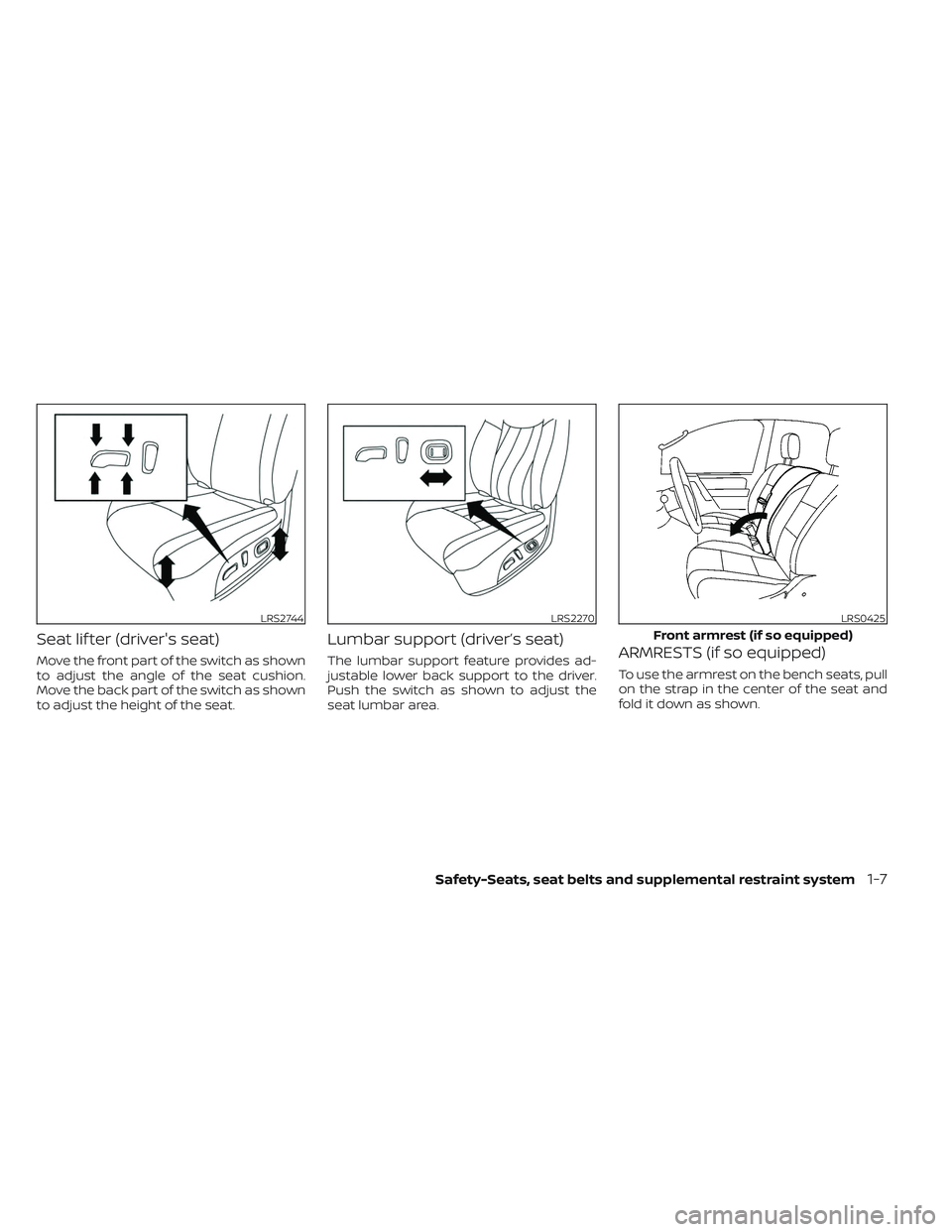 NISSAN TITAN 2022  Owners Manual Seat lif ter (driver's seat)
Move the front part of the switch as shown
to adjust the angle of the seat cushion.
Move the back part of the switch as shown
to adjust the height of the seat.
Lumbar 