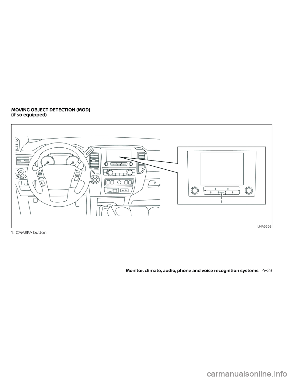 NISSAN TITAN 2022  Owners Manual 1. CAMERA button
LHA5568
MOVING OBJECT DETECTION (MOD)
(if so equipped)
Monitor, climate, audio, phone and voice recognition systems4-23 