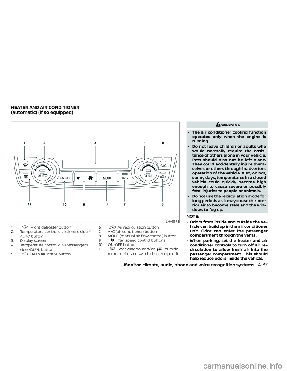 NISSAN TITAN 2022  Owners Manual 1.Front defroster button
2. Temperature control dial (driver’s side)/
AUTO button
3. Display screen
4. Temperature control dial (passenger’s
side)/DUAL button
5.
Fresh air intake button 6.
Air rec