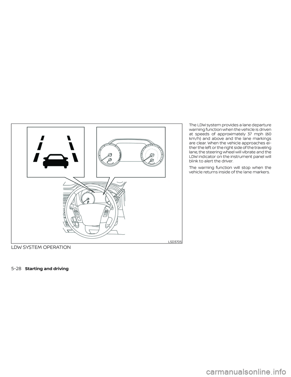 NISSAN TITAN 2022  Owners Manual LDW SYSTEM OPERATION
The LDW system provides a lane departure
warning function when the vehicle is driven
at speeds of approximately 37 mph (60
km/h) and above and the lane markings
are clear. When th