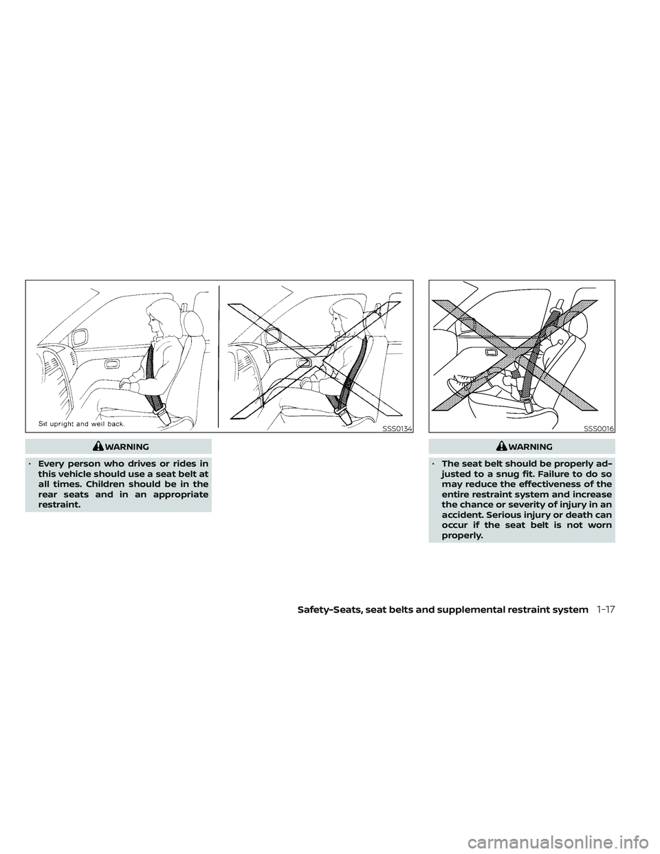 NISSAN TITAN 2022  Owners Manual WARNING
• Every person who drives or rides in
this vehicle should use a seat belt at
all times. Children should be in the
rear seats and in an appropriate
restraint.WARNING
• The seat belt should 