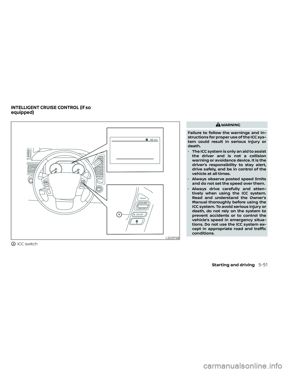 NISSAN TITAN 2022  Owners Manual OAICC switch
WARNING
Failure to follow the warnings and in-
structions for proper use of the ICC sys-
tem could result in serious injury or
death.
• The ICC system is only an aid to assist
the drive