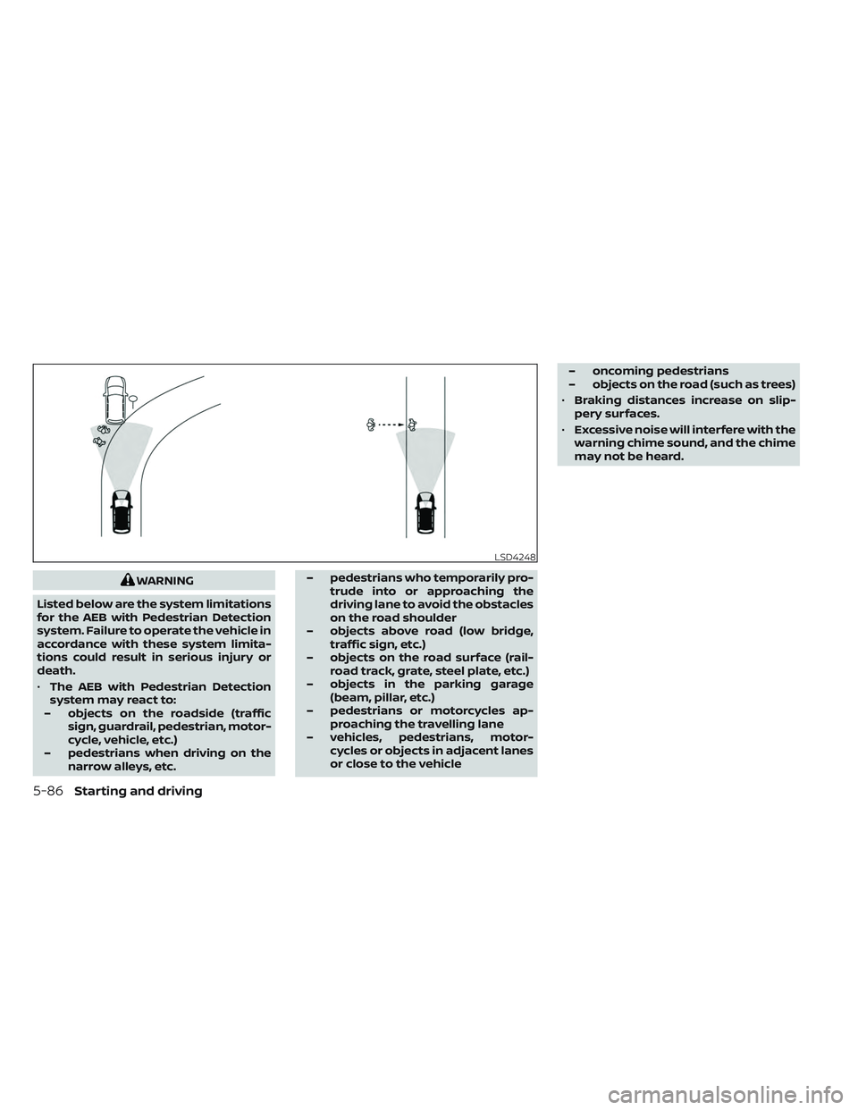 NISSAN TITAN 2022  Owners Manual WARNING
Listed below are the system limitations
for the AEB with Pedestrian Detection
system. Failure to operate the vehicle in
accordance with these system limita-
tions could result in serious injur