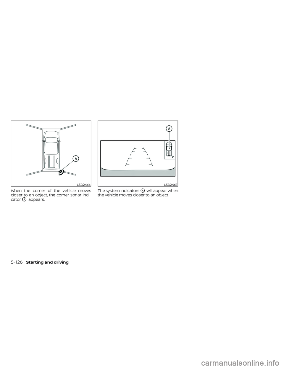 NISSAN TITAN 2022  Owners Manual When the corner of the vehicle moves
closer to an object, the corner sonar indi-
cator
OAappears.The system indicators
OAwill appear when
the vehicle moves closer to an object.
LSD2466LSD2467
5-126Sta