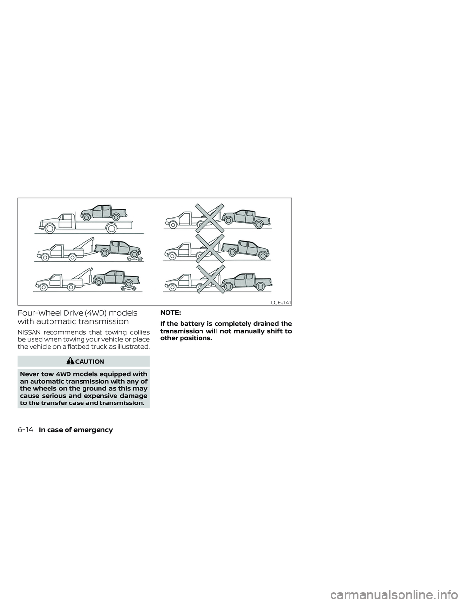 NISSAN TITAN 2022  Owners Manual Four-Wheel Drive (4WD) models
with automatic transmission
NISSAN recommends that towing dollies
be used when towing your vehicle or place
the vehicle on a flatbed truck as illustrated.
CAUTION
Never t