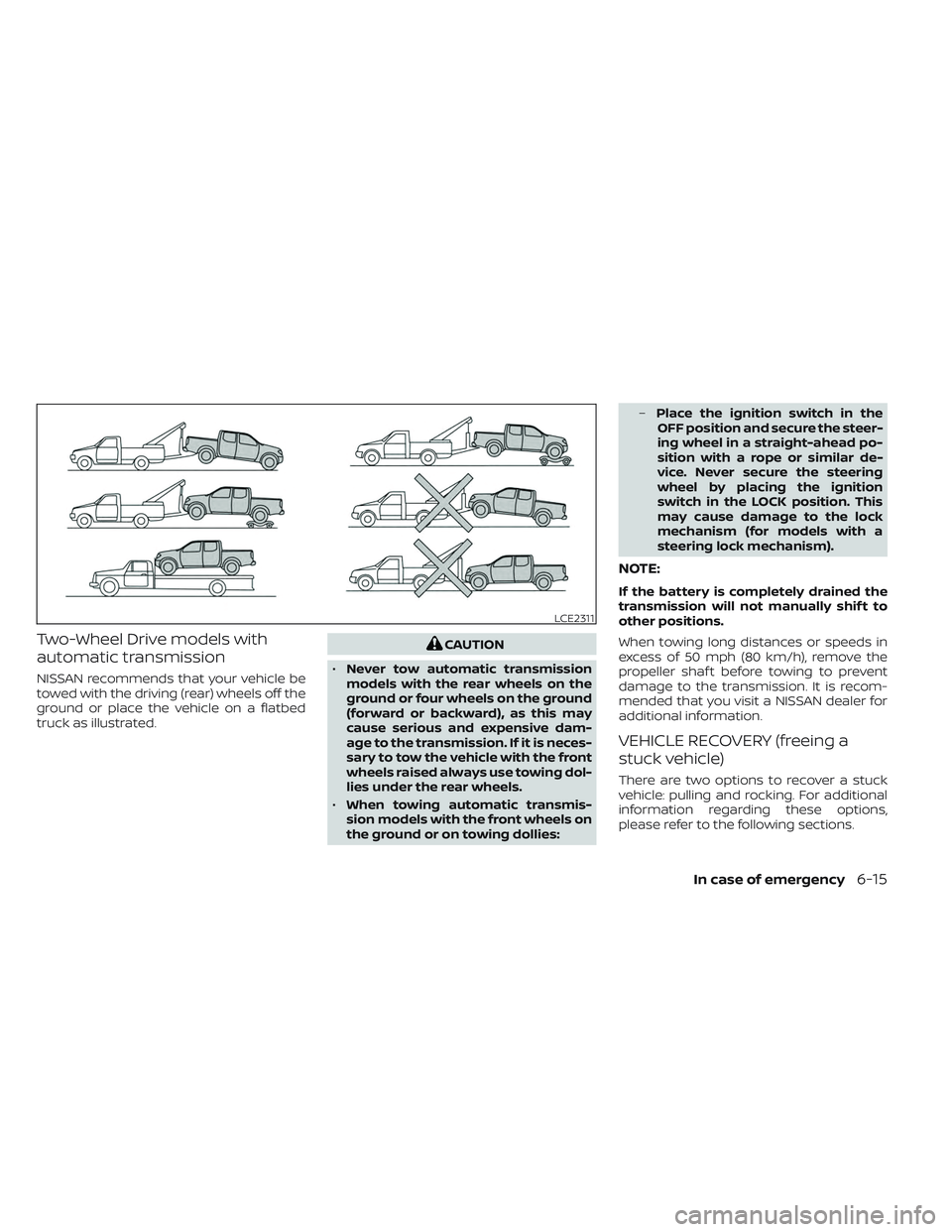 NISSAN TITAN 2022  Owners Manual Two-Wheel Drive models with
automatic transmission
NISSAN recommends that your vehicle be
towed with the driving (rear) wheels off the
ground or place the vehicle on a flatbed
truck as illustrated.
CA