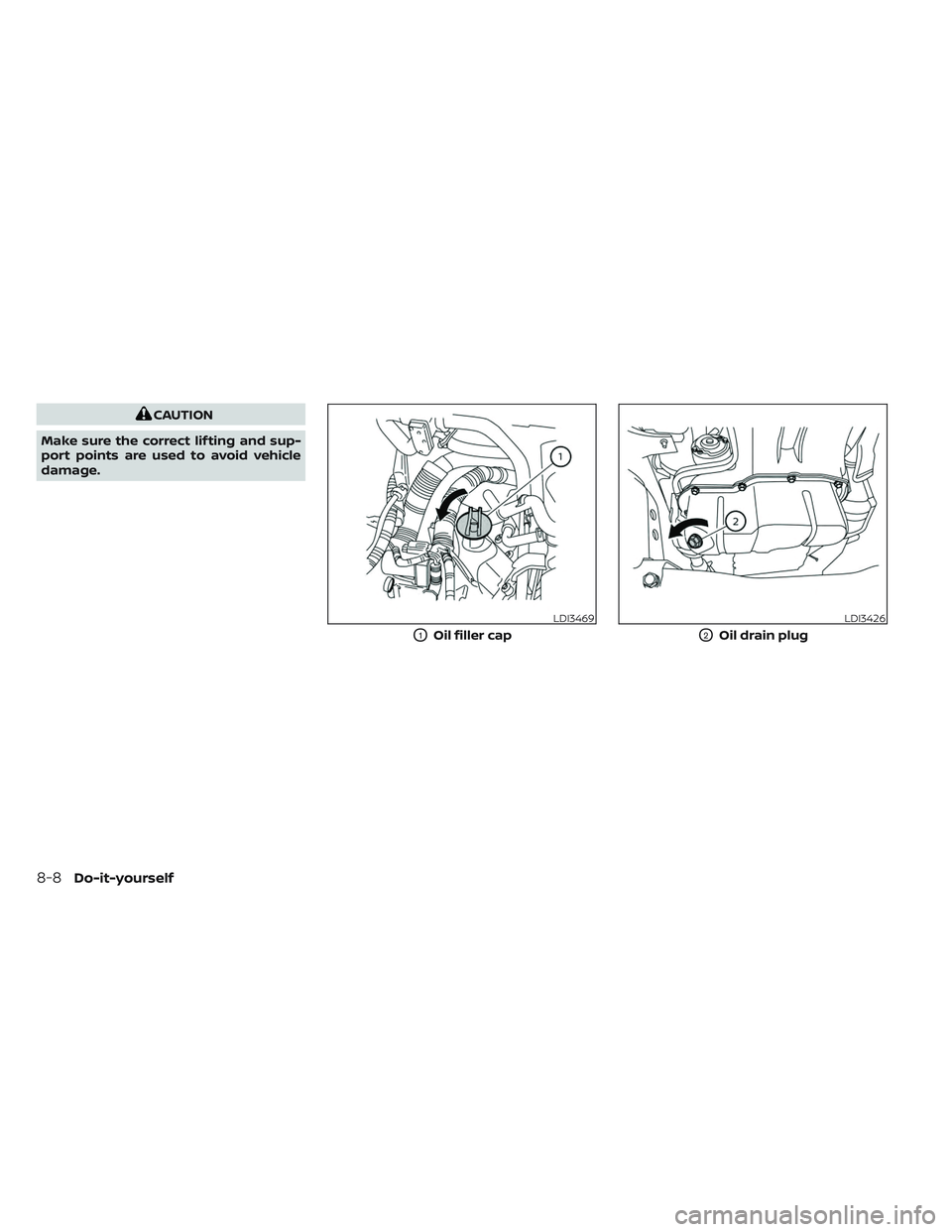 NISSAN TITAN 2022  Owners Manual CAUTION
Make sure the correct lif ting and sup-
port points are used to avoid vehicle
damage.
LDI3469
O1Oil filler cap
LDI3426
O2Oil drain plug
8-8Do-it-yourself 