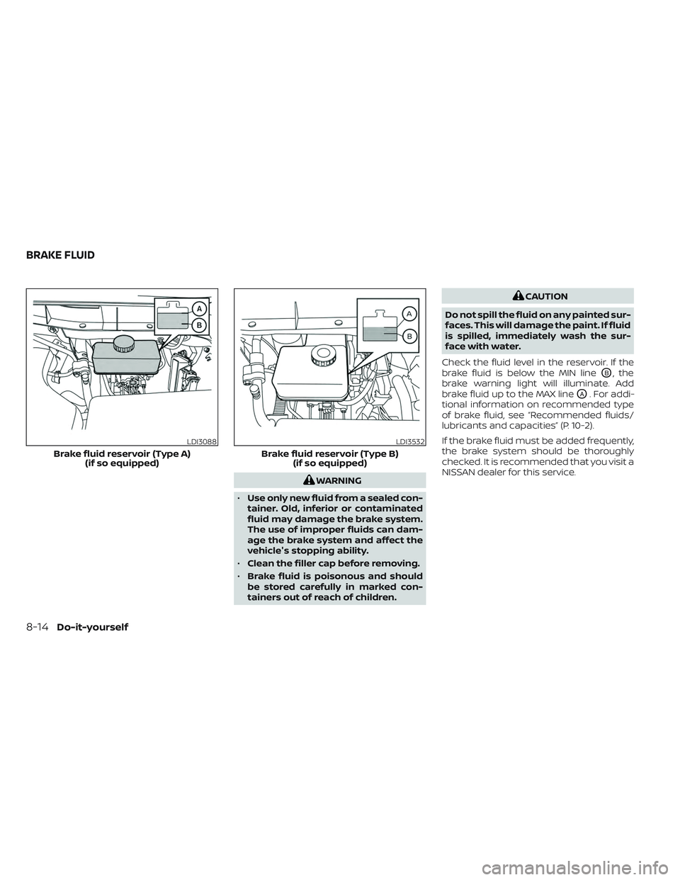 NISSAN TITAN 2022  Owners Manual WARNING
• Use only new fluid from a sealed con-
tainer. Old, inferior or contaminated
fluid may damage the brake system.
The use of improper fluids can dam-
age the brake system and affect the
vehic