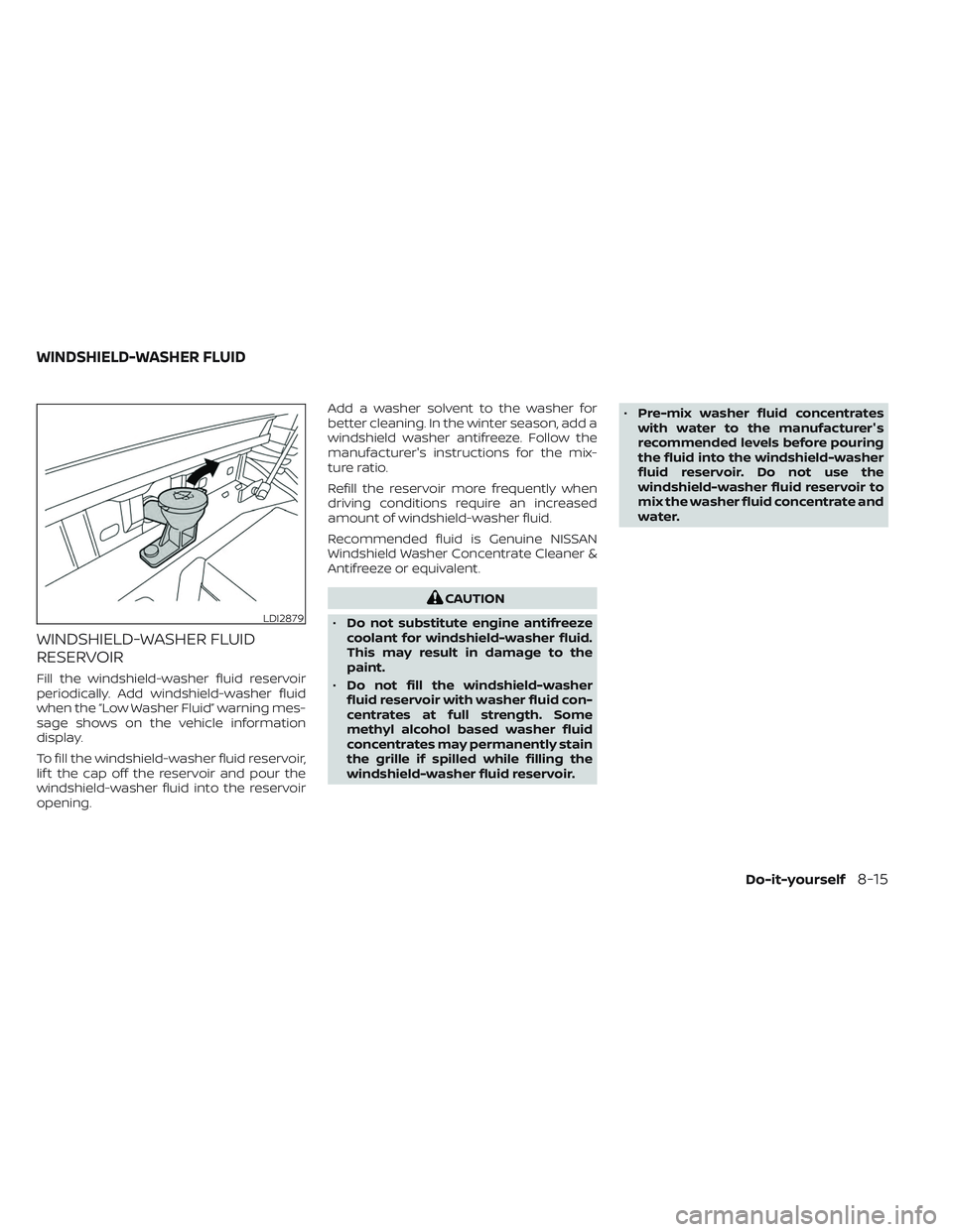 NISSAN TITAN 2022  Owners Manual WINDSHIELD-WASHER FLUID
RESERVOIR
Fill the windshield-washer fluid reservoir
periodically. Add windshield-washer fluid
when the “Low Washer Fluid” warning mes-
sage shows on the vehicle informatio
