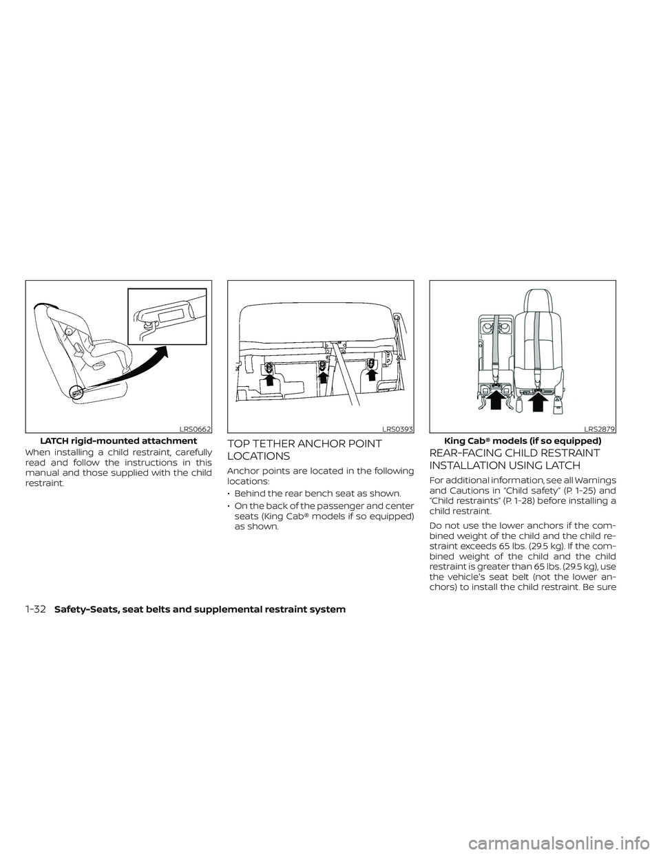 NISSAN TITAN 2022  Owners Manual When installing a child restraint, carefully
read and follow the instructions in this
manual and those supplied with the child
restraint.TOP TETHER ANCHOR POINT
LOCATIONS
Anchor points are located in 