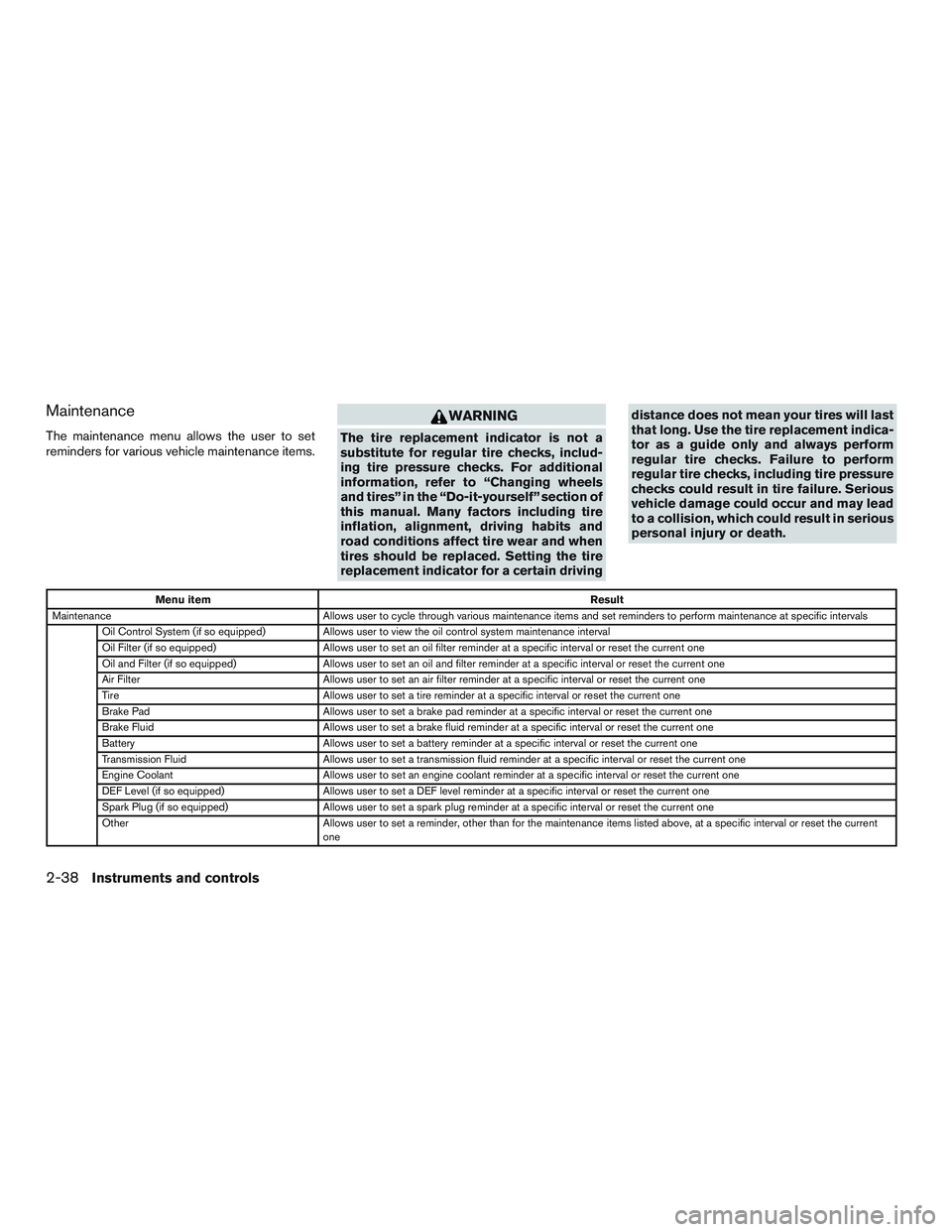 NISSAN TITAN XD 2017  Owners Manual Maintenance
The maintenance menu allows the user to set
reminders for various vehicle maintenance items. 