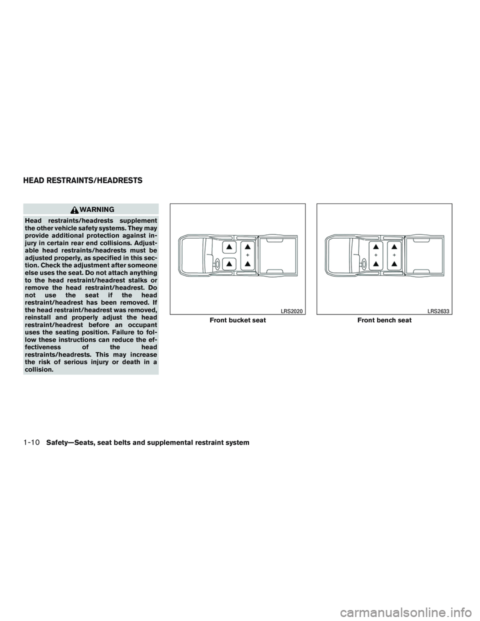 NISSAN TITAN XD 2017  Owners Manual WARNING
Head restraints/headrests supplement
the other vehicle safety systems. They may
provide additional protection against in-
jury in certain rear end collisions. Adjust-
able head restraints/head