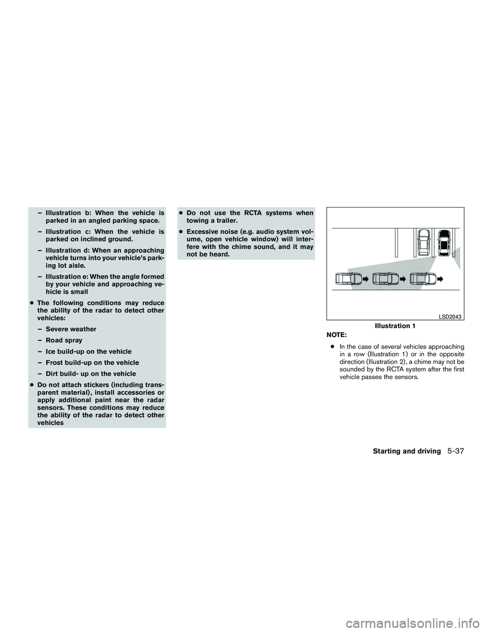 NISSAN TITAN XD 2017  Owners Manual – Illustration b: When the vehicle isparked in an angled parking space.
– Illustration c: When the vehicle is parked on inclined ground.
– Illustration d: When an approaching vehicle turns into 