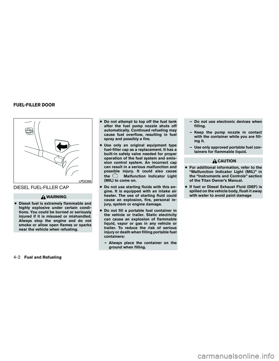 NISSAN TITAN XD 2017  Owners Manual DIESEL FUEL-FILLER CAP 