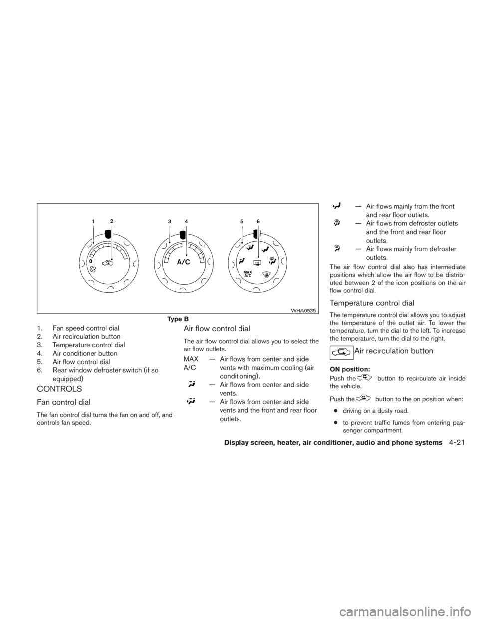 NISSAN TITAN 2011  Owners Manual 1. Fan speed control dial
2. Air recirculation button
3. Temperature control dial
4. Air conditioner button
5. Air flow control dial
6. Rear window defroster switch (if soequipped)
CONTROLS
Fan contro