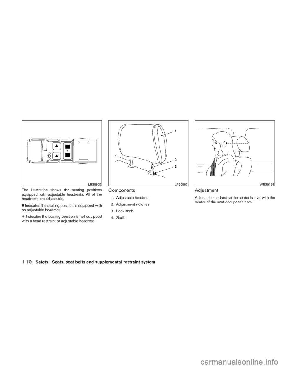 NISSAN TITAN 2011  Owners Manual The illustration shows the seating positions
equipped with adjustable headrests. All of the
headrests are adjustable.
Indicates the seating position is equipped with
an adjustable headrest.
+ Indicat