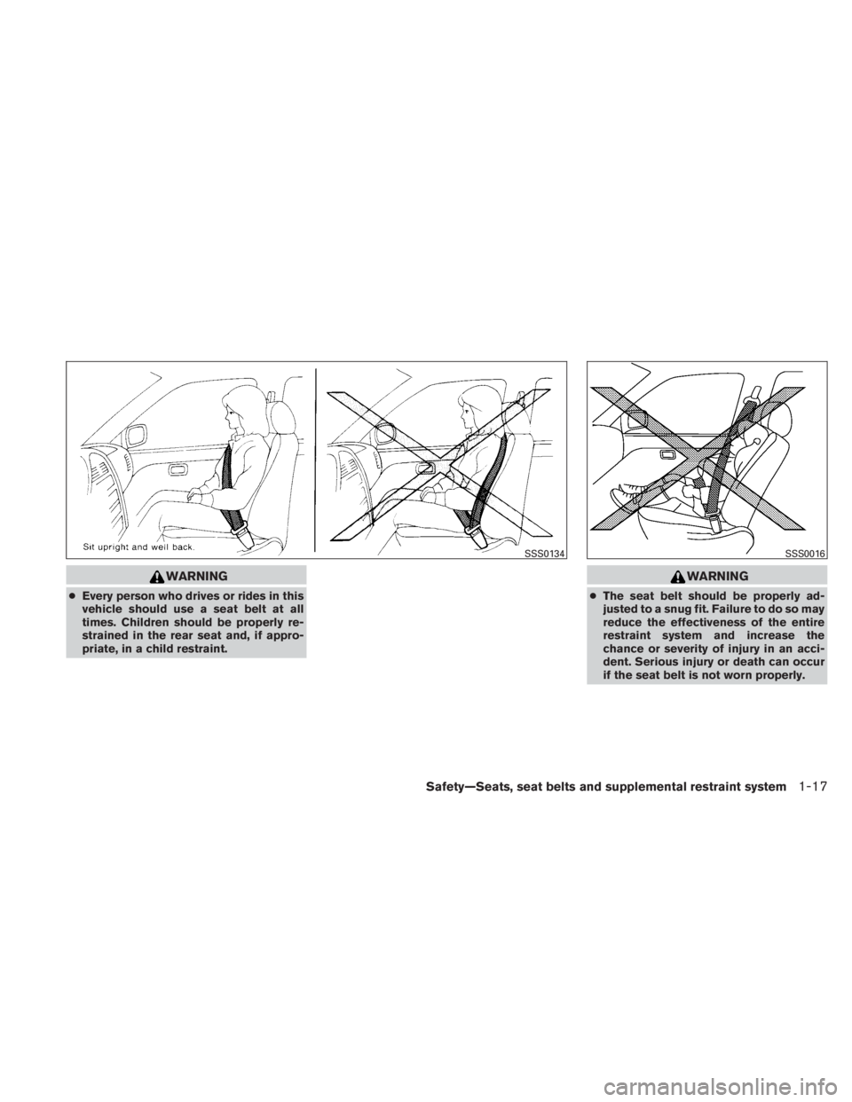 NISSAN TITAN 2011  Owners Manual WARNING
●Every person who drives or rides in this
vehicle should use a seat belt at all
times. Children should be properly re-
strained in the rear seat and, if appro-
priate, in a child restraint. 