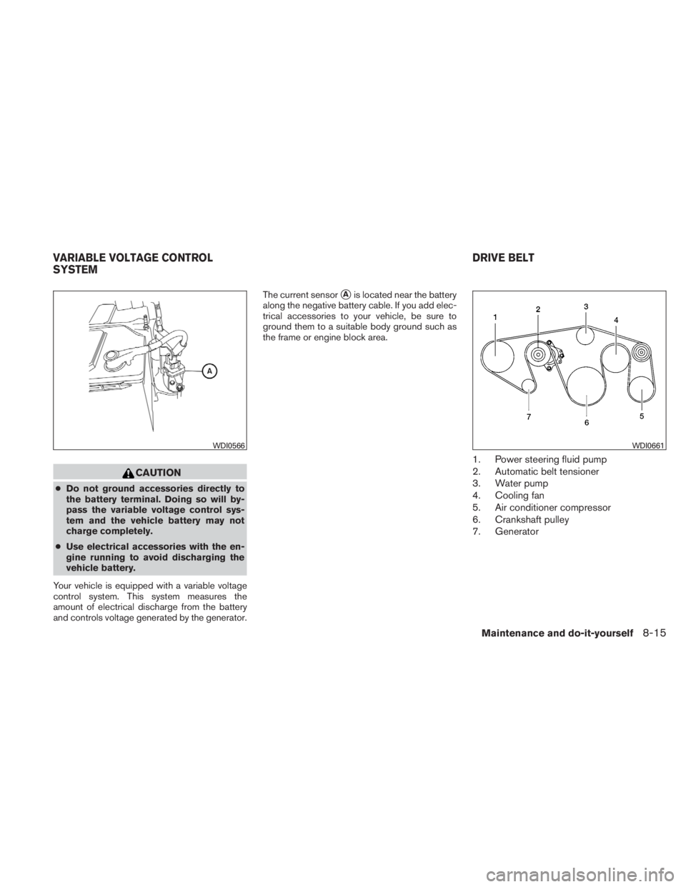 NISSAN TITAN 2011  Owners Manual CAUTION
●Do not ground accessories directly to
the battery terminal. Doing so will by-
pass the variable voltage control sys-
tem and the vehicle battery may not
charge completely.
● Use electrica