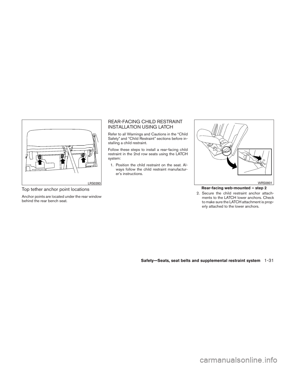 NISSAN TITAN 2011  Owners Manual Top tether anchor point locations
Anchor points are located under the rear window
behind the rear bench seat.
REAR-FACING CHILD RESTRAINT
INSTALLATION USING LATCH
Refer to all Warnings and Cautions in