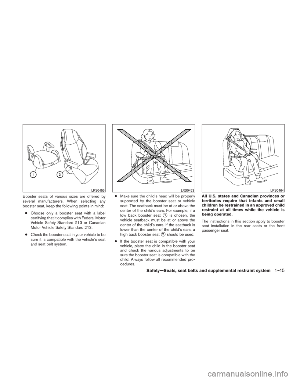 NISSAN TITAN 2011 Owners Manual Booster seats of various sizes are offered by
several manufacturers. When selecting any
booster seat, keep the following points in mind:● Choose only a booster seat with a label
certifying that it c NISSAN TITAN 2011 Owners Manual Booster seats of various sizes are offered by
several manufacturers. When selecting any
booster seat, keep the following points in mind:● Choose only a booster seat with a label
certifying that it c