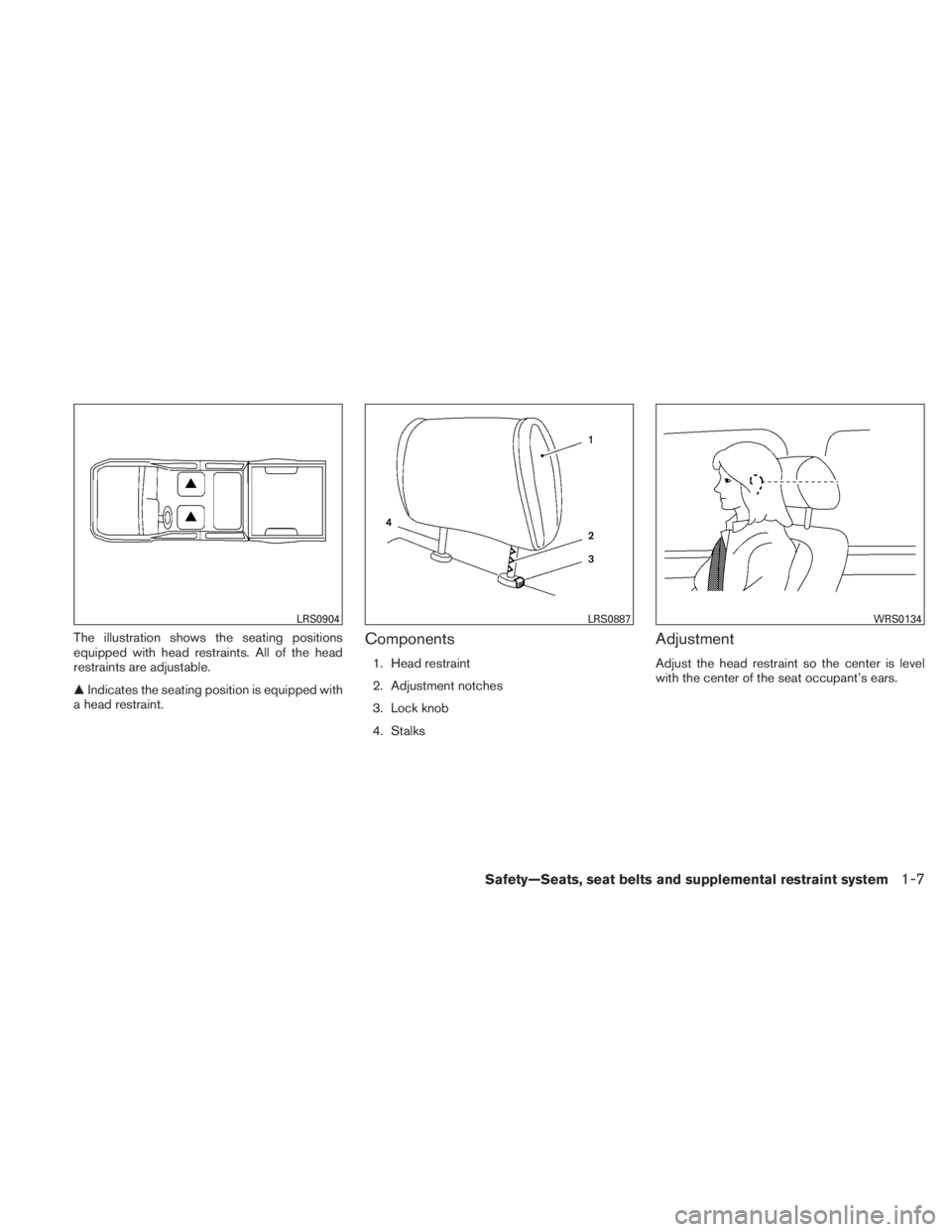 NISSAN TITAN 2010  Owners Manual The illustration shows the seating positions
equipped with head restraints. All of the head
restraints are adjustable.
Indicates the seating position is equipped with
a head restraint.Components
1. H