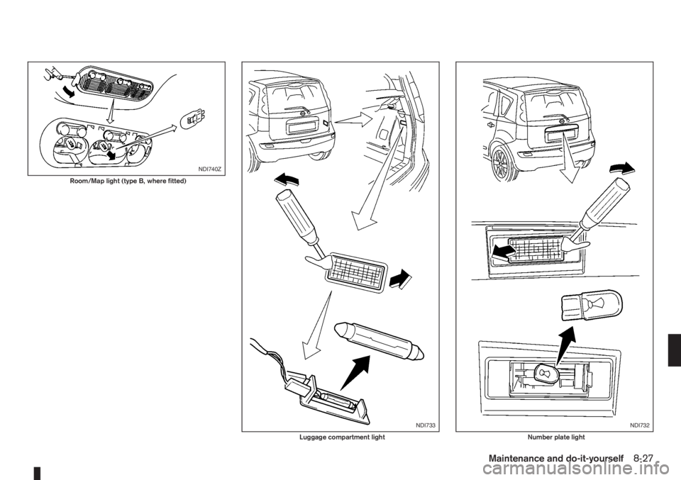 NISSAN NOTE 2011  Owners Manual NDI740Z
Room/Map light (type B, where fitted)
NDI733
Luggage compartment light
NDI732
Number plate light
Maintenance and do-it-yourself8-27 