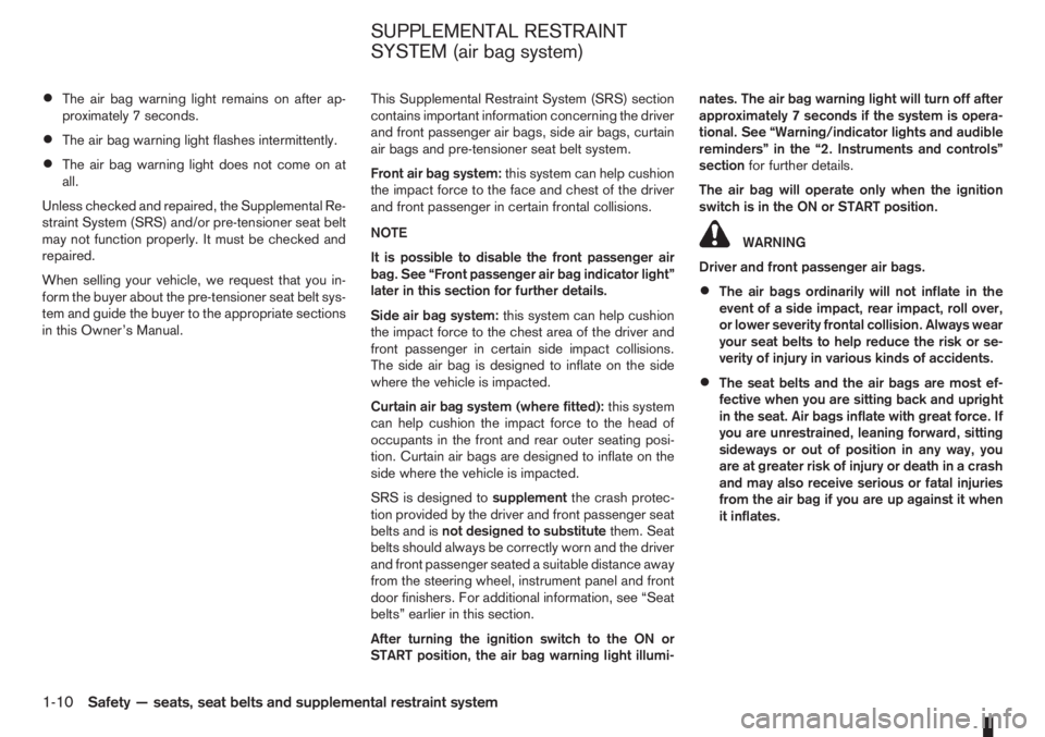 NISSAN NOTE 2011  Owners Manual •The air bag warning light remains on after ap-
proximately 7 seconds.
•The air bag warning light flashes intermittently.
•The air bag warning light does not come on at
all.
Unless checked and r