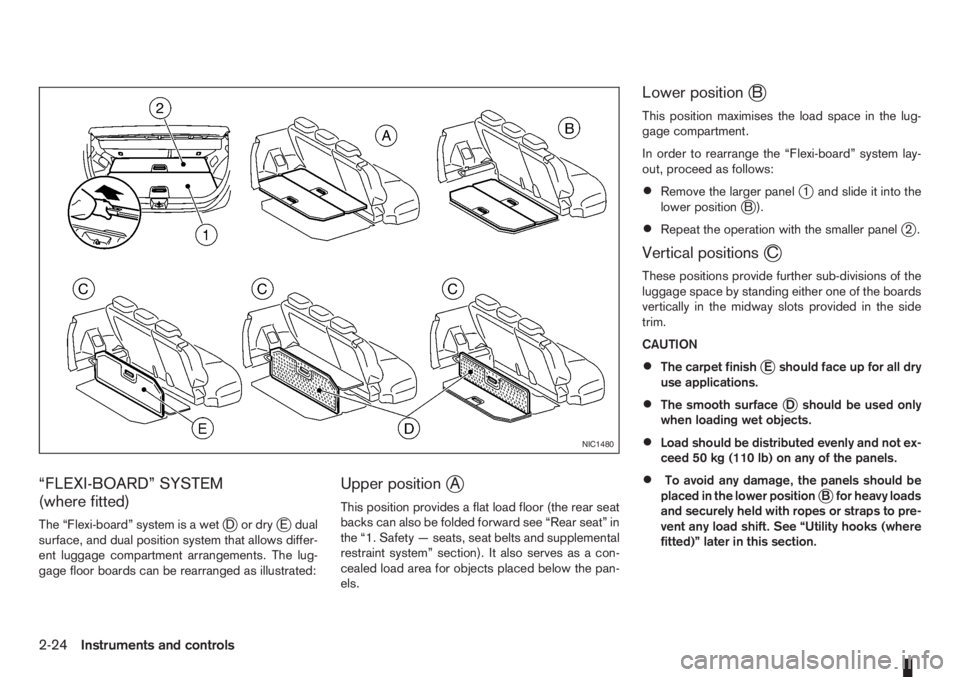 NISSAN NOTE 2011  Owners Manual “FLEXI-BOARD” SYSTEM
(where fitted)
The “Flexi-board” system is a wetjDordryjE dual
surface, and dual position system that allows differ-
ent luggage compartment arrangements. The lug-
gage fl