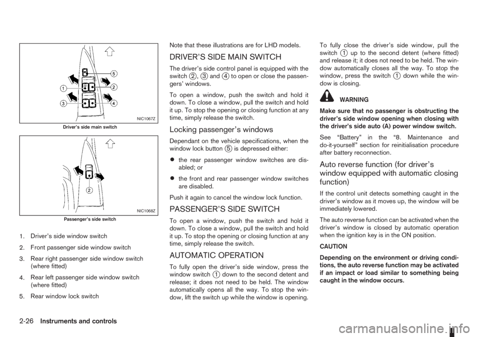 NISSAN NOTE 2011  Owners Manual 1.Driver’s side window switch
2.Front passenger side window switch
3.Rear right passenger side window switch
(where fitted)
4.Rear left passenger side window switch
(where fitted)
5.Rear window lock