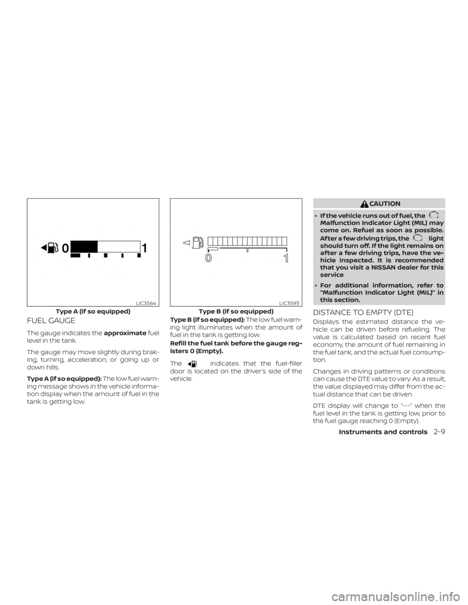 NISSAN VERSA SEDAN 2021  Owners Manual FUEL GAUGE
The gauge indicates theapproximatefuel
level in the tank.
The gauge may move slightly during brak-
ing, turning, acceleration, or going up or
down hills.
Type A (if so equipped): The low fu