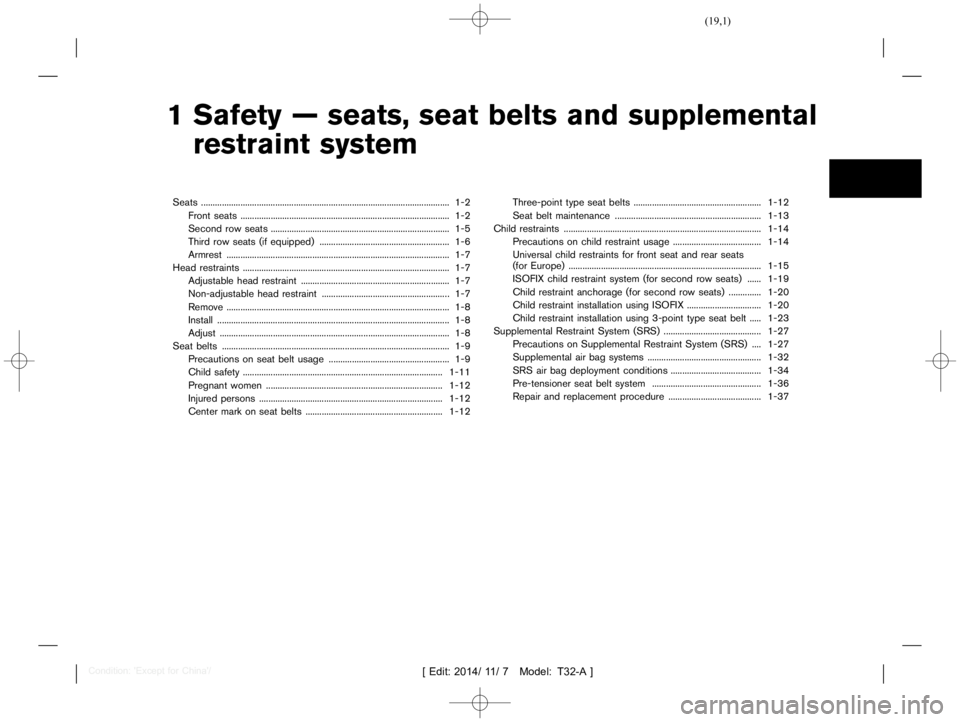 NISSAN X-TRAIL 2019  Owners Manual  
������ 
�> �(�G�L�W� ����� ��� � �0�R�G�H�O� �7����$�@ 
1 Safety Ðseats, seatbelts andsupplemental
restraint system 
Seats ....
.................................................