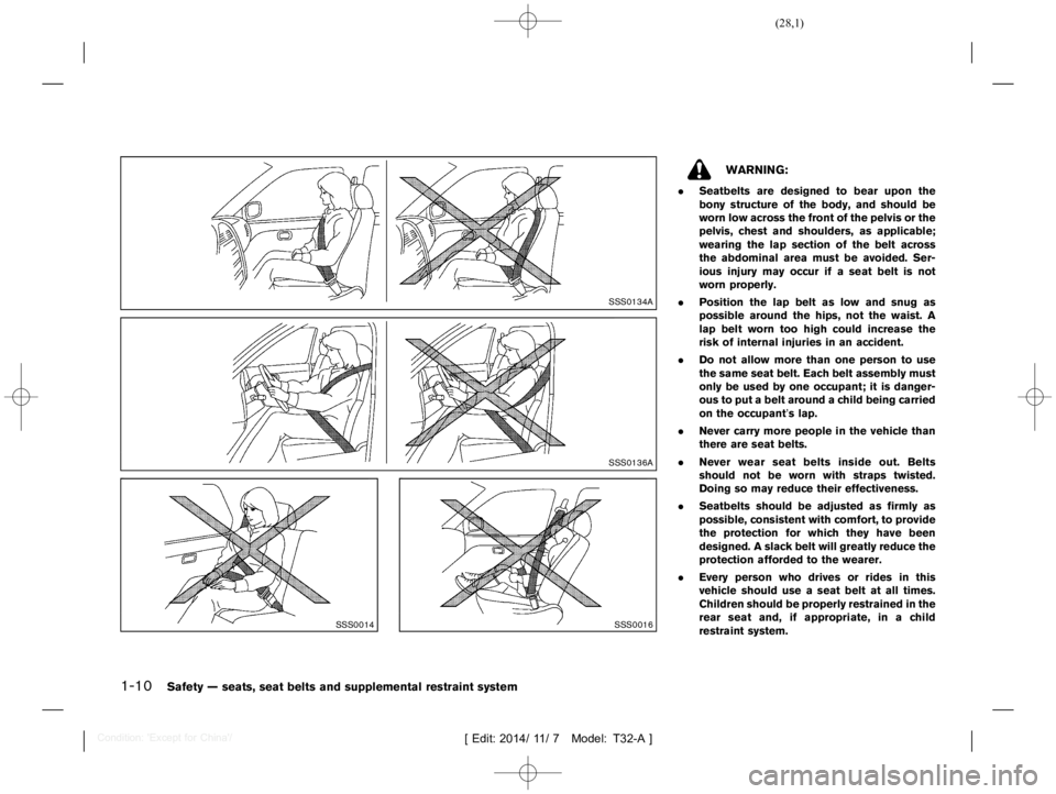 NISSAN X-TRAIL 2019  Owners Manual  
������ 
�> �(�G�L�W� ����� ��� � �0�R�G�H�O� �7����$�@ 
1-10 
Safety Ðseats, seatbelts andsupple mental restraint system 
SSS0134A 
SSS0136A 
SSS0014 
SSS0016 
WARNING: 
. Seatb
