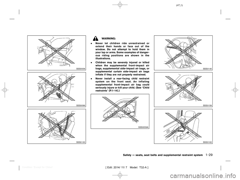 NISSAN X-TRAIL 2017  Owners Manual  
������ 
�> �(�G�L�W� ����� ��� � �0�R�G�H�O� �7����$�@ 
SSS0009 
SSS0099 
SSS0100 
WARNING: 
. Never letchildren rideunrestrained or
extend theirhands orface outofthe
window. Don
