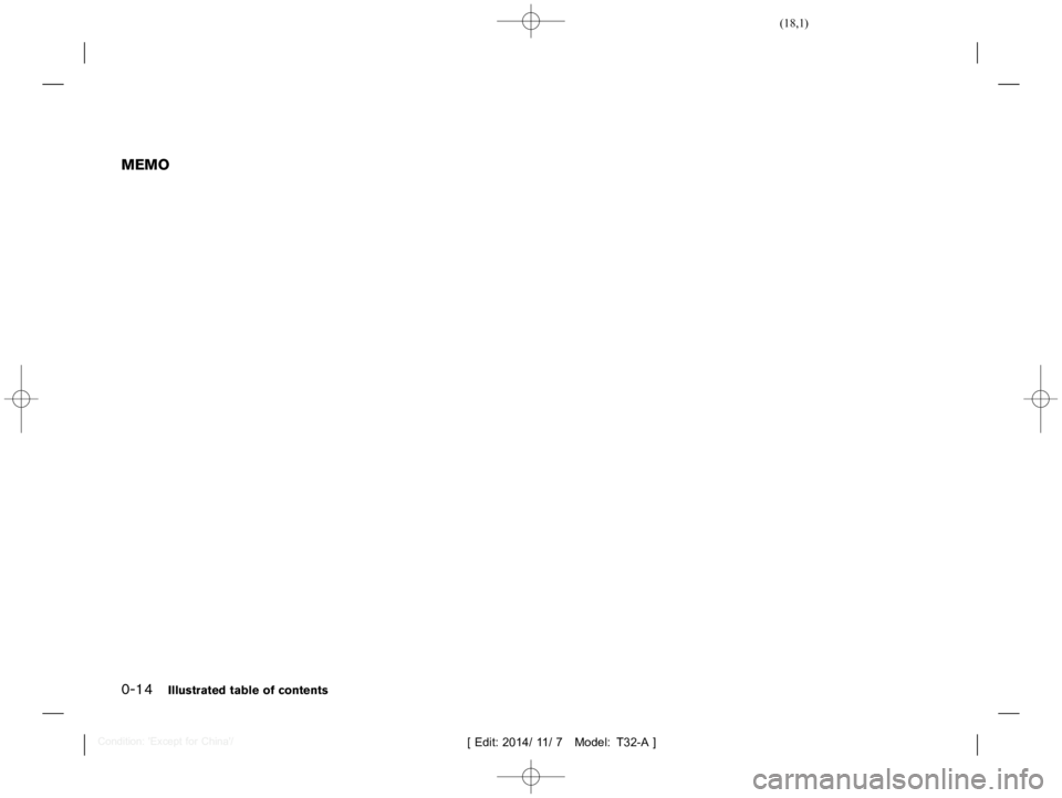 NISSAN X-TRAIL 2015  Owners Manual  
������ 
�> �(�G�L�W� ����� ��� � �0�R�G�H�O� �7����$�@ 
0-14 
Illustrated tableofcontents 
MEMO 
�&�R�Q�G�L�W�L�R�Q� �
�(�[�F�H�S�W�I�R�U�&�K�L�Q�D�
� 