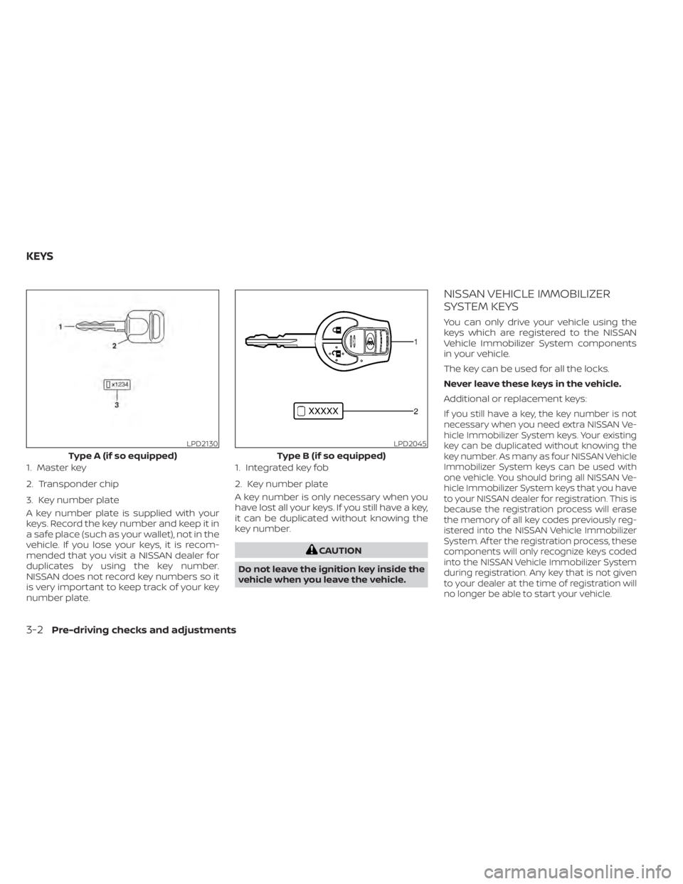 NISSAN NV200 2022  Owners Manual A key number plate is supplied with your
keys. Record the key number and keep it in
a safe place (such as your wallet), not in the
vehicle. If you lose your keys, it is recom-
mended that you visit a 
