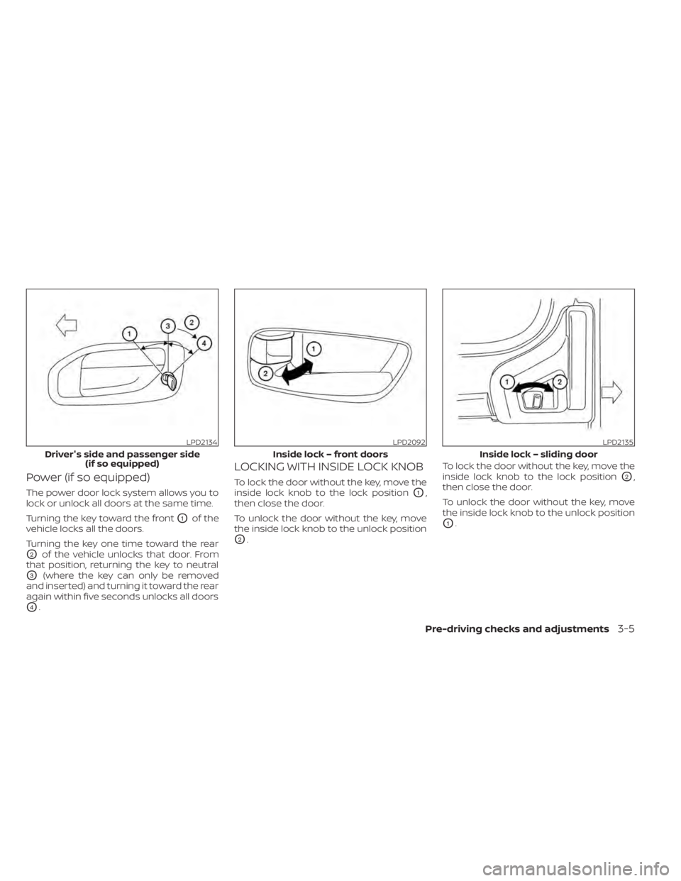 NISSAN NV200 2022  Owners Manual LPD2134
Driver's side and passenger side(if so equipped)
Pre-driving checks and adjustments3-5 