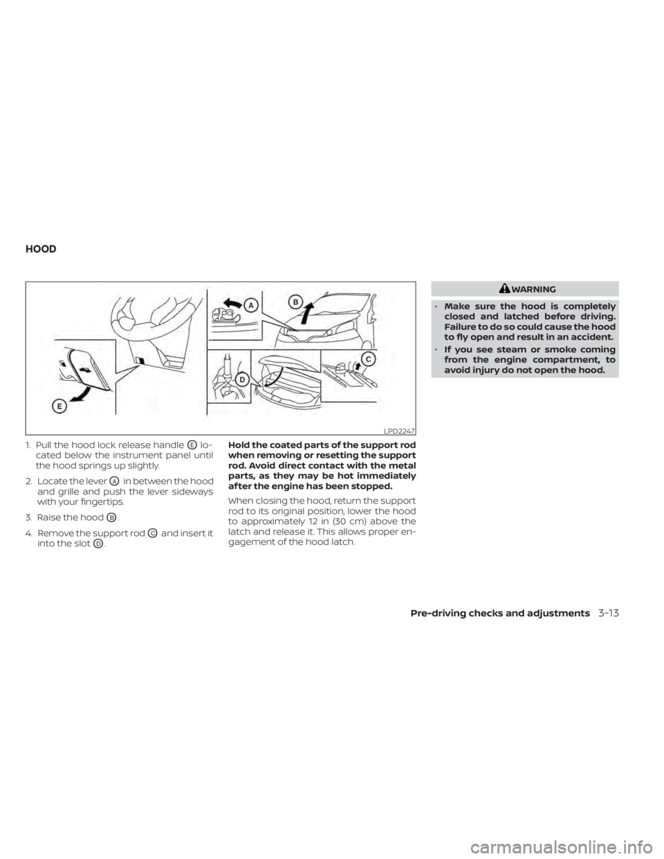 NISSAN NV200 2022  Owners Manual 1. Pull the hood lock release handleOElo-
cated below the instrument panel until
the hood springs up slightly.
2. Locate the lever
OAin between the hood
and grille and push the lever sideways
with you