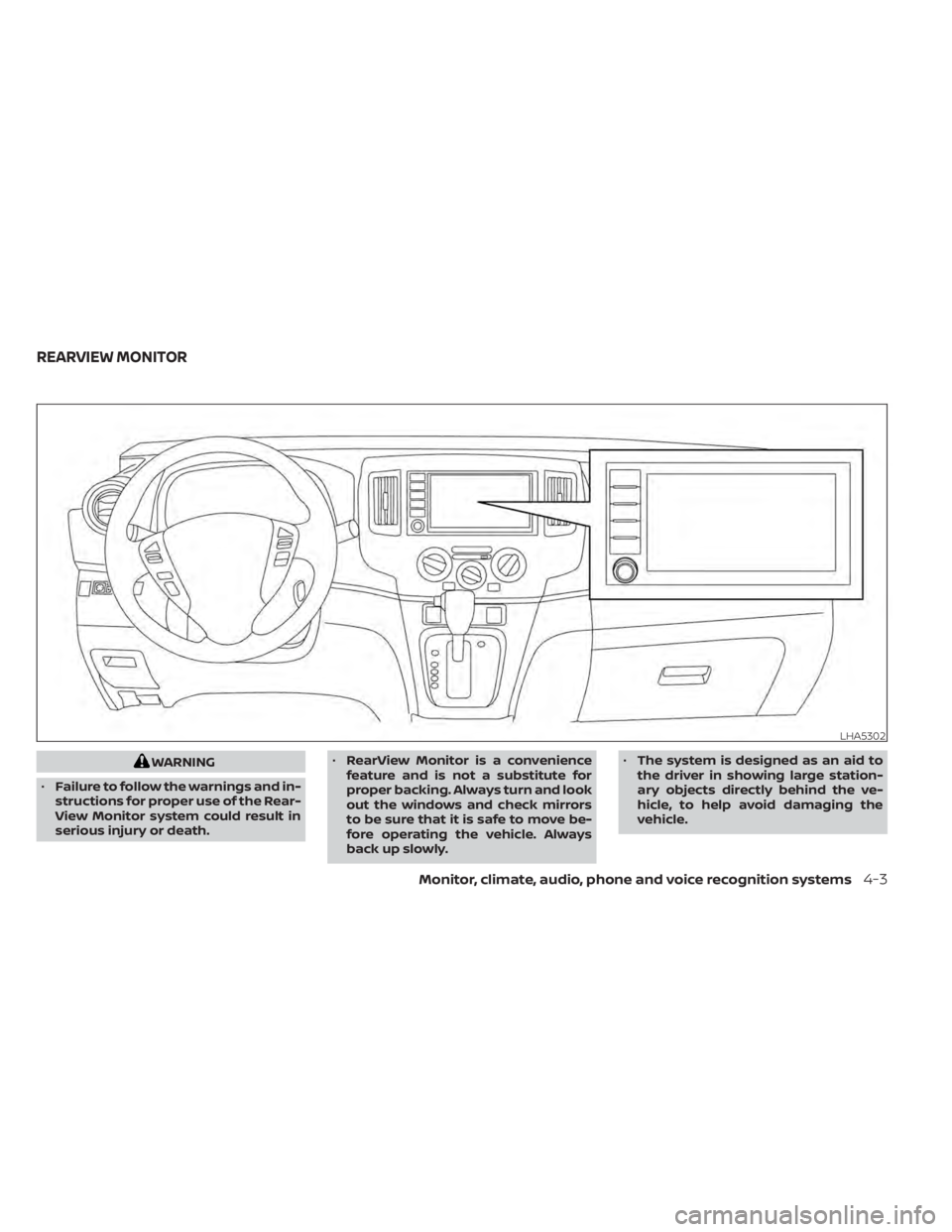 NISSAN NV200 2022  Owners Manual WARNING
• Failure to follow the warnings and in-
structions for proper use of the Rear-
View Monitor system could result in
serious injury or death. •
RearView Monitor is a convenience
feature and
