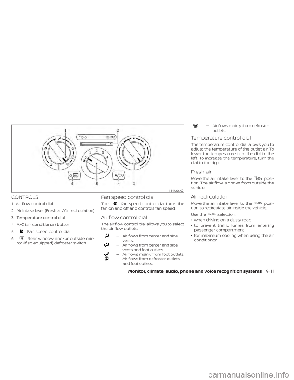 NISSAN NV200 2022 Owners Manual Fan speed control dial
6.
Rear window and/or outside mir-
ror (if so equipped) defroster switch
Fan speed control dial
Thefan speed control dial turns the
fan on and off and controls fan speed.
Air fl NISSAN NV200 2022 Owners Manual Fan speed control dial
6.
Rear window and/or outside mir-
ror (if so equipped) defroster switch
Fan speed control dial
Thefan speed control dial turns the
fan on and off and controls fan speed.
Air fl
