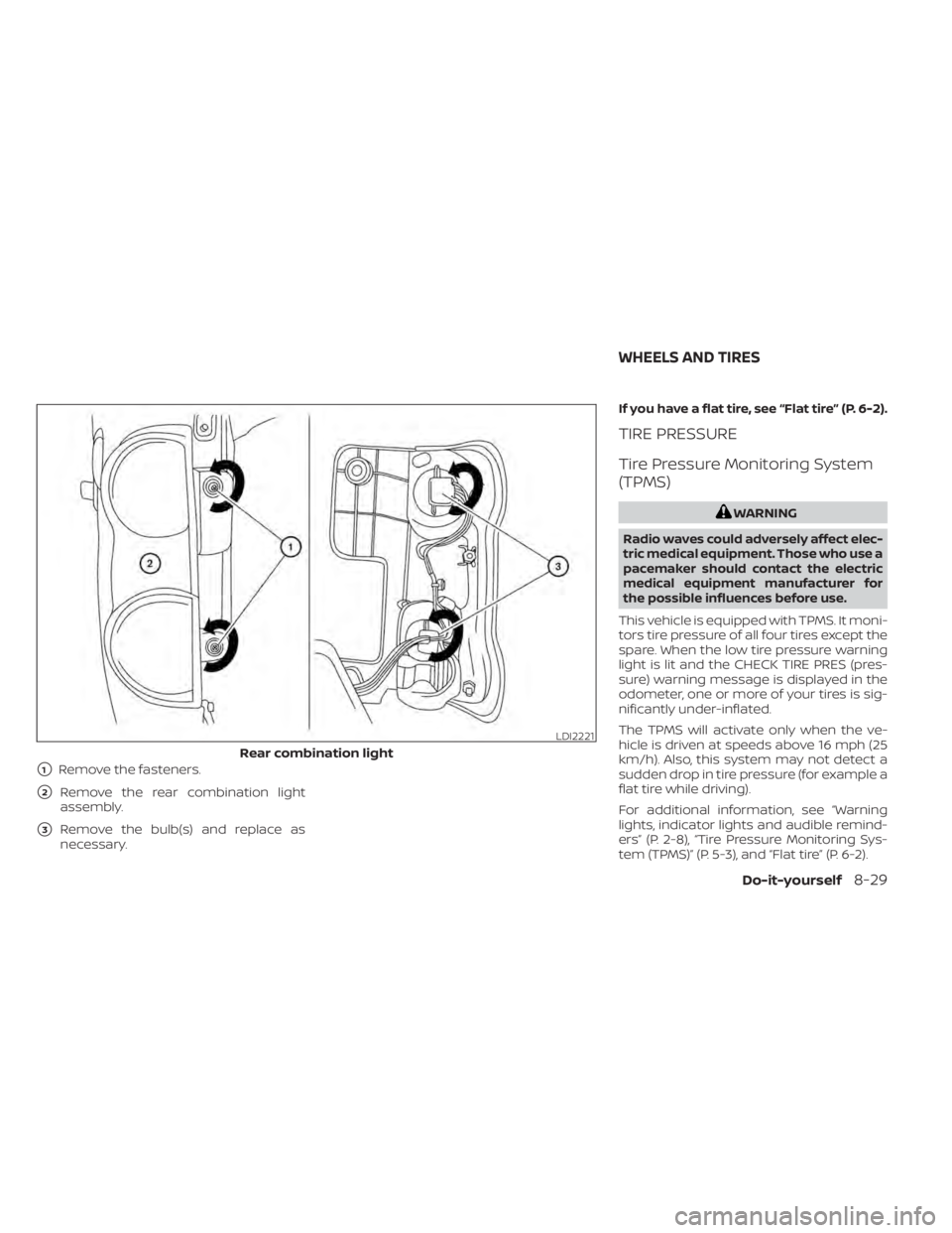 NISSAN NV200 2022  Owners Manual 1Remove the fasteners.
2Remove the rear combination light
assembly.
3Remove the bulb(s) and replace as
necessary.
If you have a flat tire, see “Flat tire” (P. 6-2).
TIRE PRESSURE
Tire Pressure 