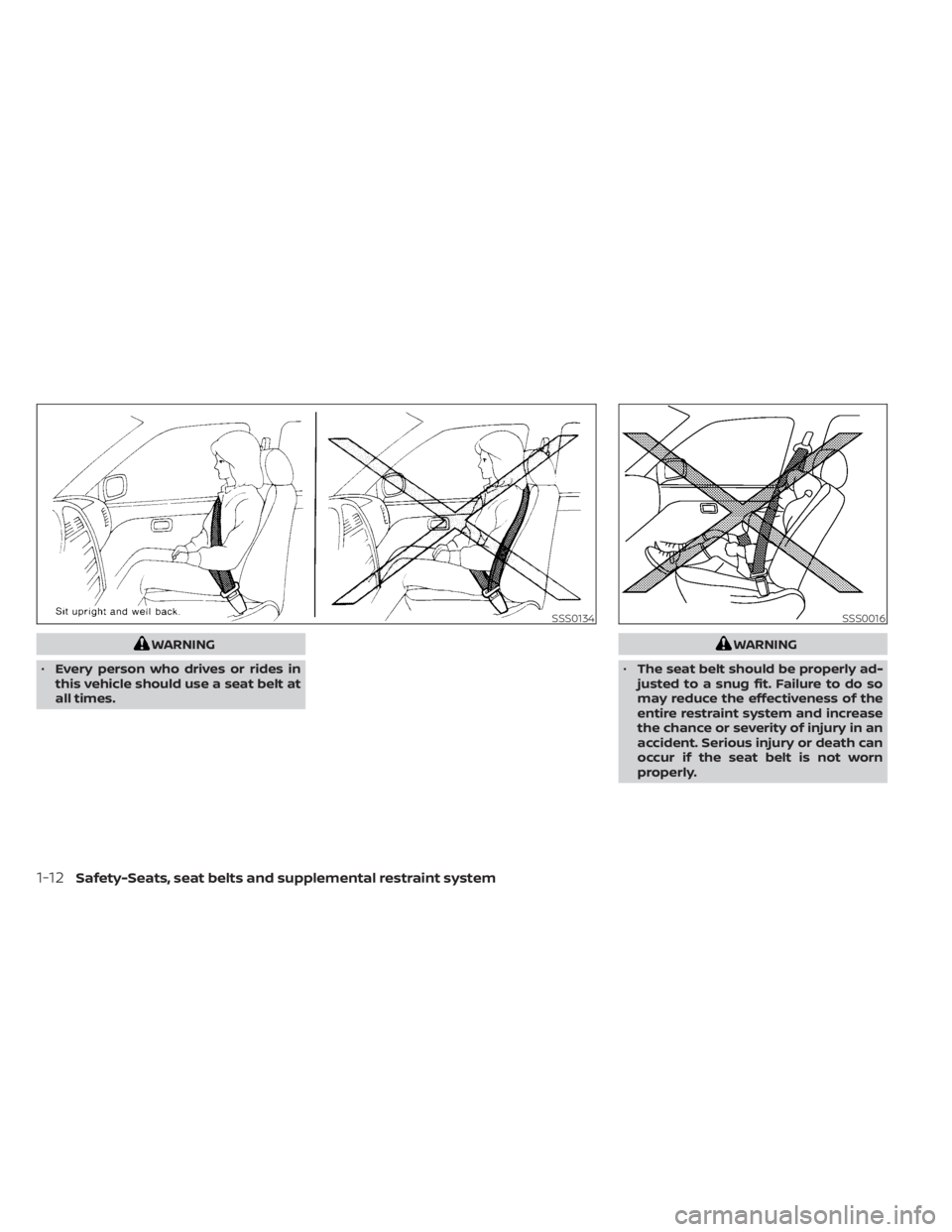 NISSAN NV200 2022  Owners Manual WARNING
• Every person who drives or rides in
this vehicle should use a seat belt at
all times.WARNING
• The seat belt should be properly ad-
justed to a snug fit. Failure to do so
may reduce the 