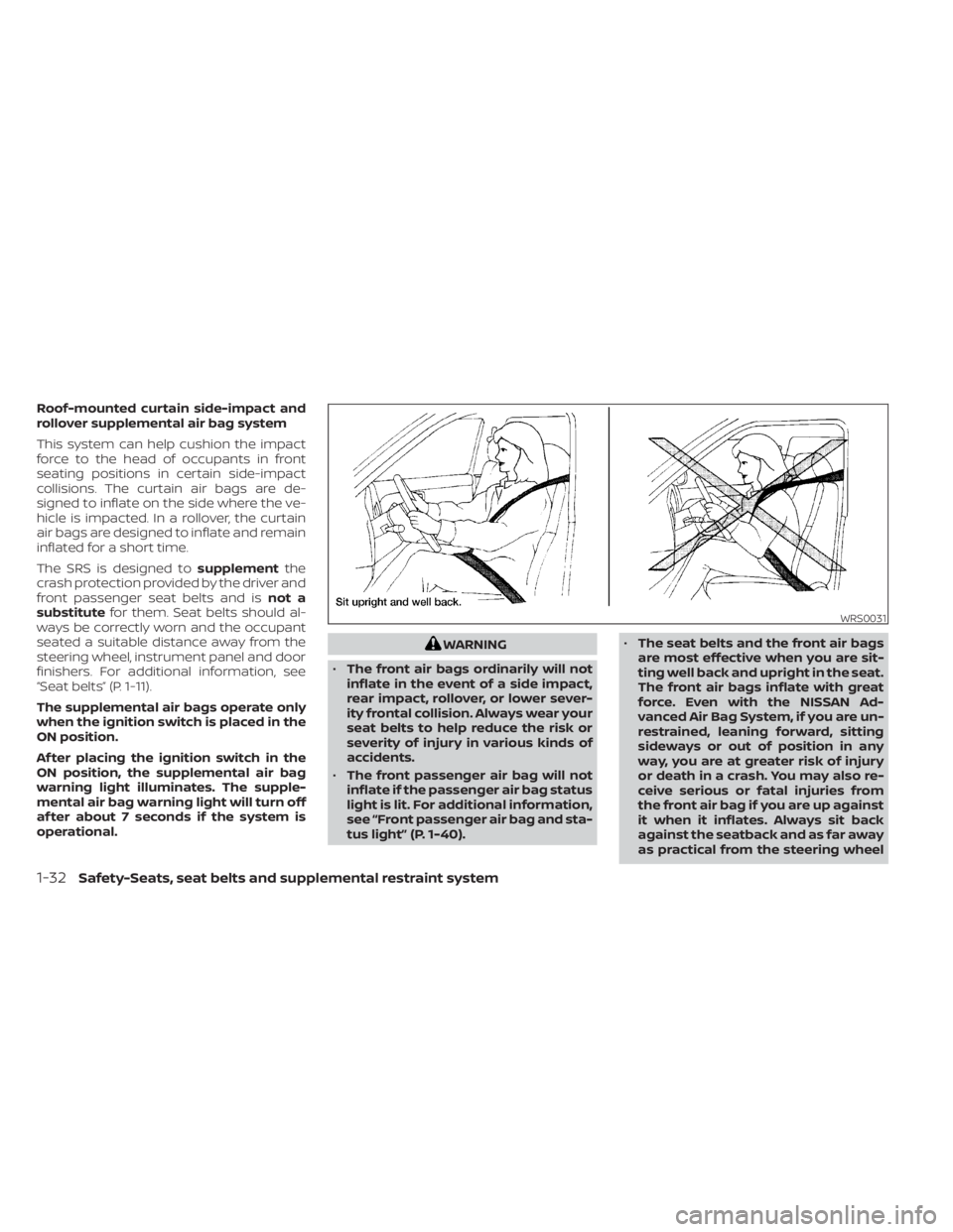 NISSAN NV200 2022  Owners Manual Roof-mounted curtain side-impact and
rollover supplemental air bag system
This system can help cushion the impact
force to the head of occupants in front
seating positions in certain side-impact
colli