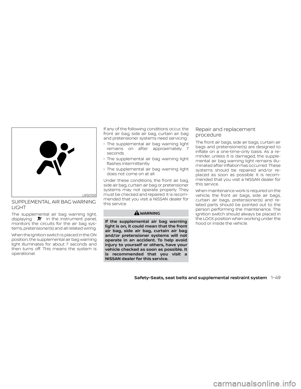NISSAN NV200 2022  Owners Manual SUPPLEMENTAL AIR BAG WARNING
LIGHT
The supplemental air bag warning light,
displayingin the instrument panel,
monitors the circuits for the air bag sys-
tems, pretensioner(s) and all related wiring.
W