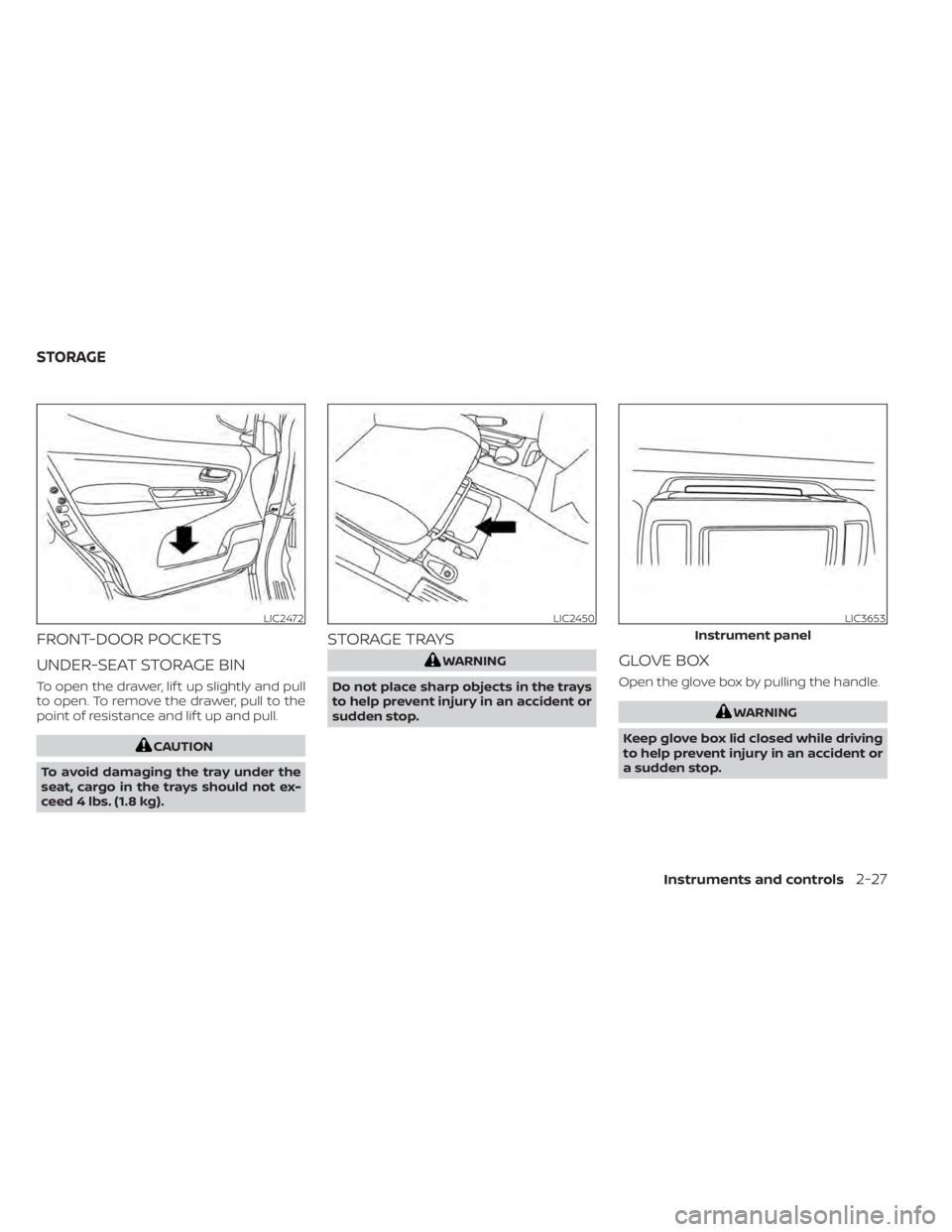 NISSAN NV200 2022  Owners Manual FRONT-DOOR POCKETS
UNDER-SEAT STORAGE BIN
To open the drawer, lif t up slightly and pull
to open. To remove the drawer, pull to the
point of resistance and lif t up and pull.
LIC2450LIC3653
Instrument