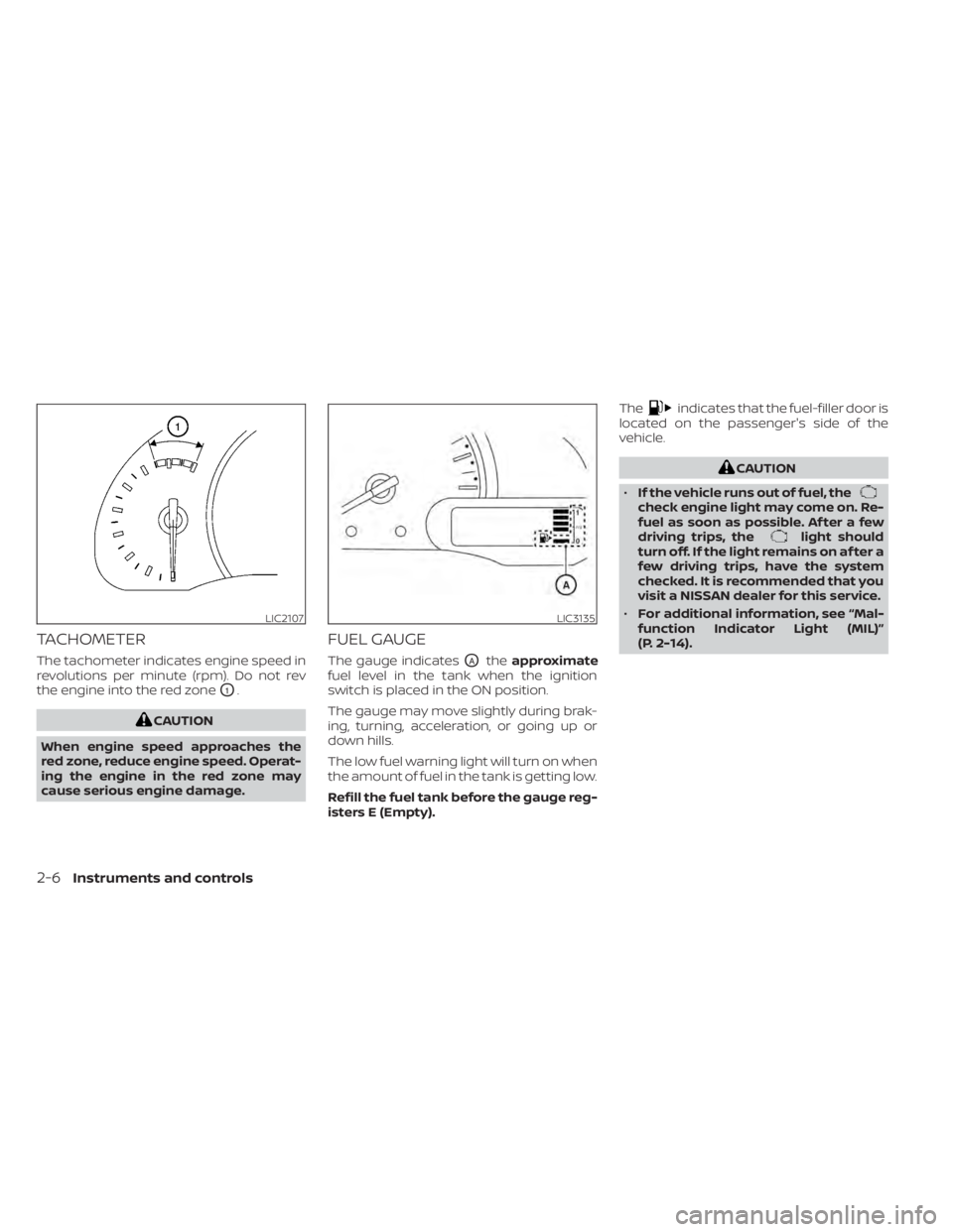 NISSAN NV200 2021  Owners Manual TACHOMETER
The tachometer indicates engine speed in
revolutions per minute (rpm). Do not rev
the engine into the red zone
O1.
indicates that the fuel-filler door is
located on the passenger's side