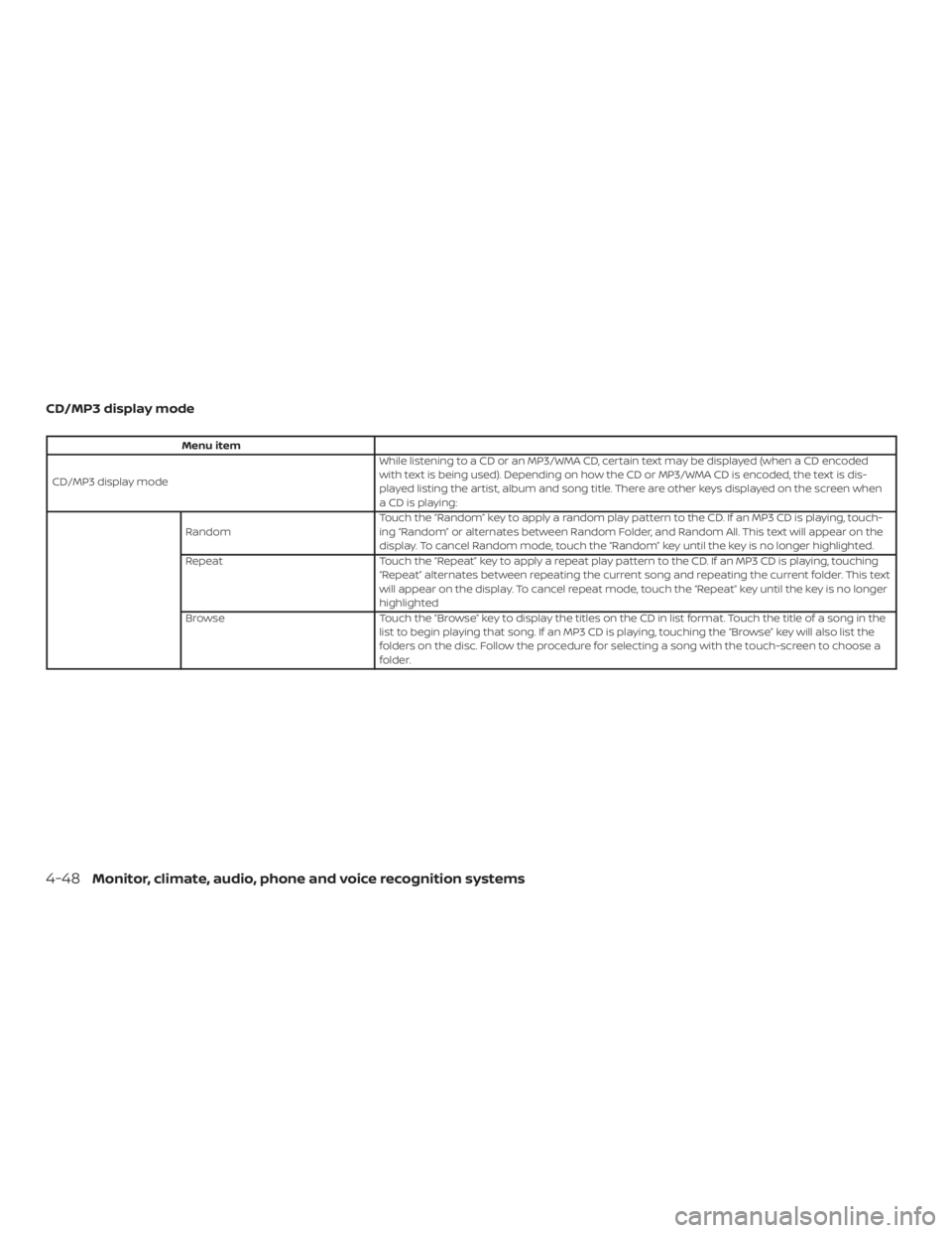 NISSAN NV200 2019 Owners Manual Menu item
CD/MP3 display modeWhile listening to a CD or an MP3/WMA CD, certain text may be displayed (when a CD encoded
with text is being used). Depending on how the CD or MP3/WMA CD is encoded, the NISSAN NV200 2019 Owners Manual Menu item
CD/MP3 display modeWhile listening to a CD or an MP3/WMA CD, certain text may be displayed (when a CD encoded
with text is being used). Depending on how the CD or MP3/WMA CD is encoded, the