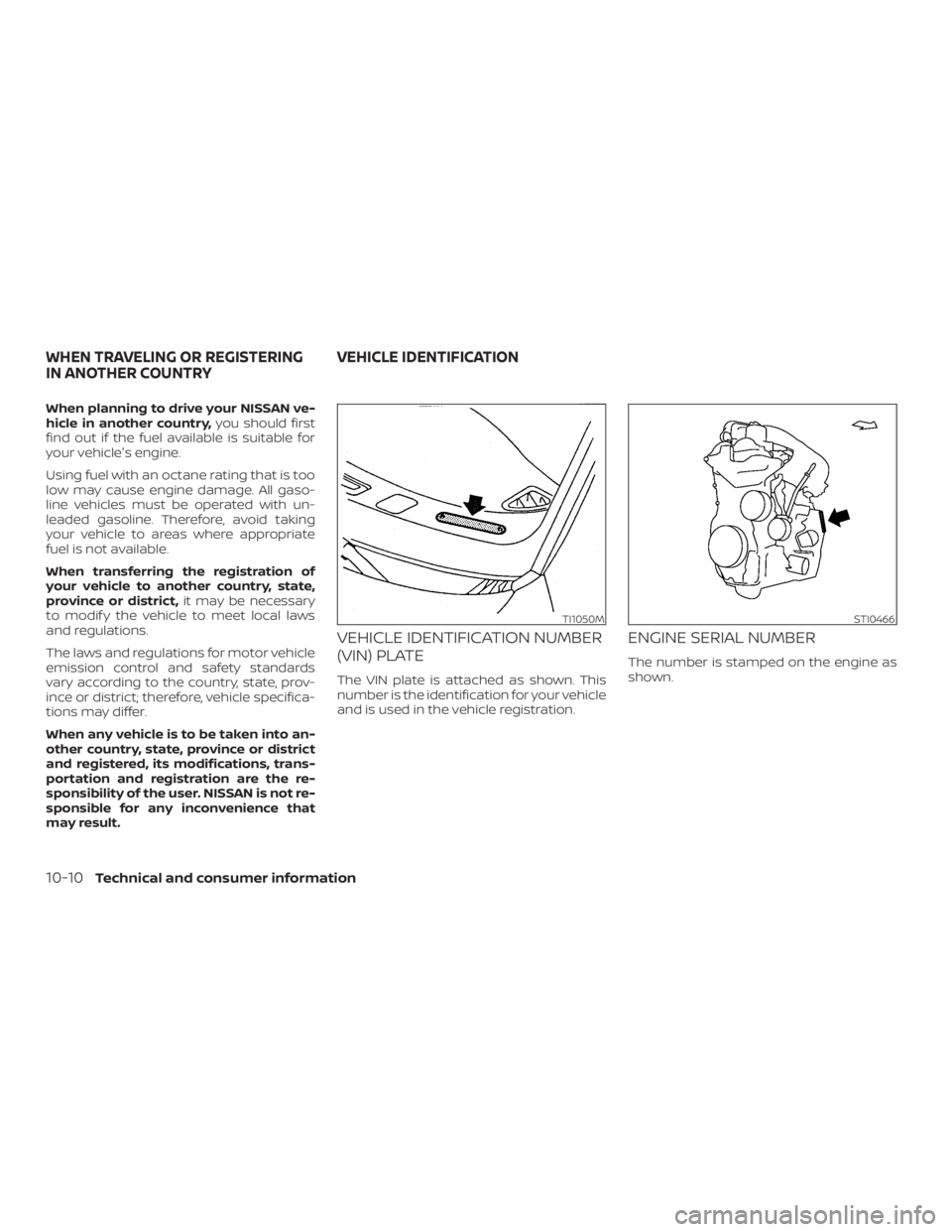 NISSAN NV200 2019  Owners Manual TI1050MSTI0466
WHEN TRAVELING OR REGISTERING
IN ANOTHER COUNTRYVEHICLE IDENTIFICATION 